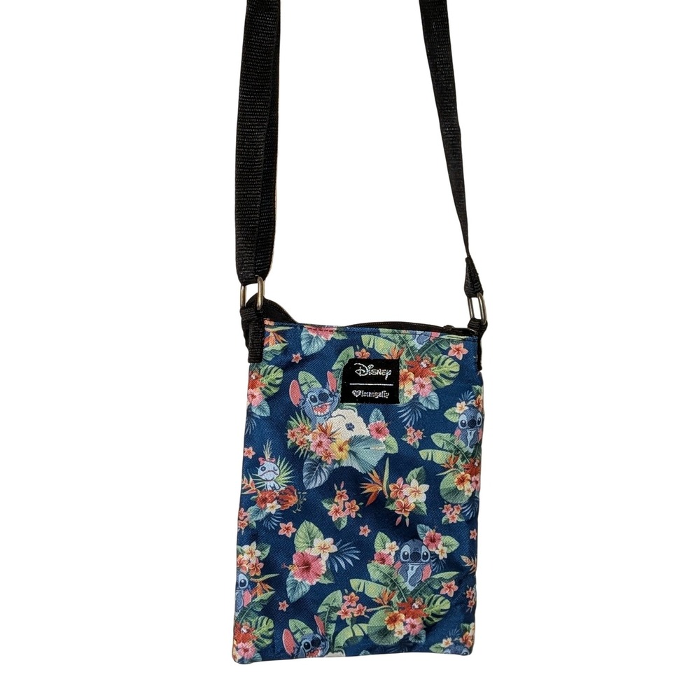 Disney Loungefly Stitch Tropical Floral Blue Canvas Crossbody Passport Bag‎